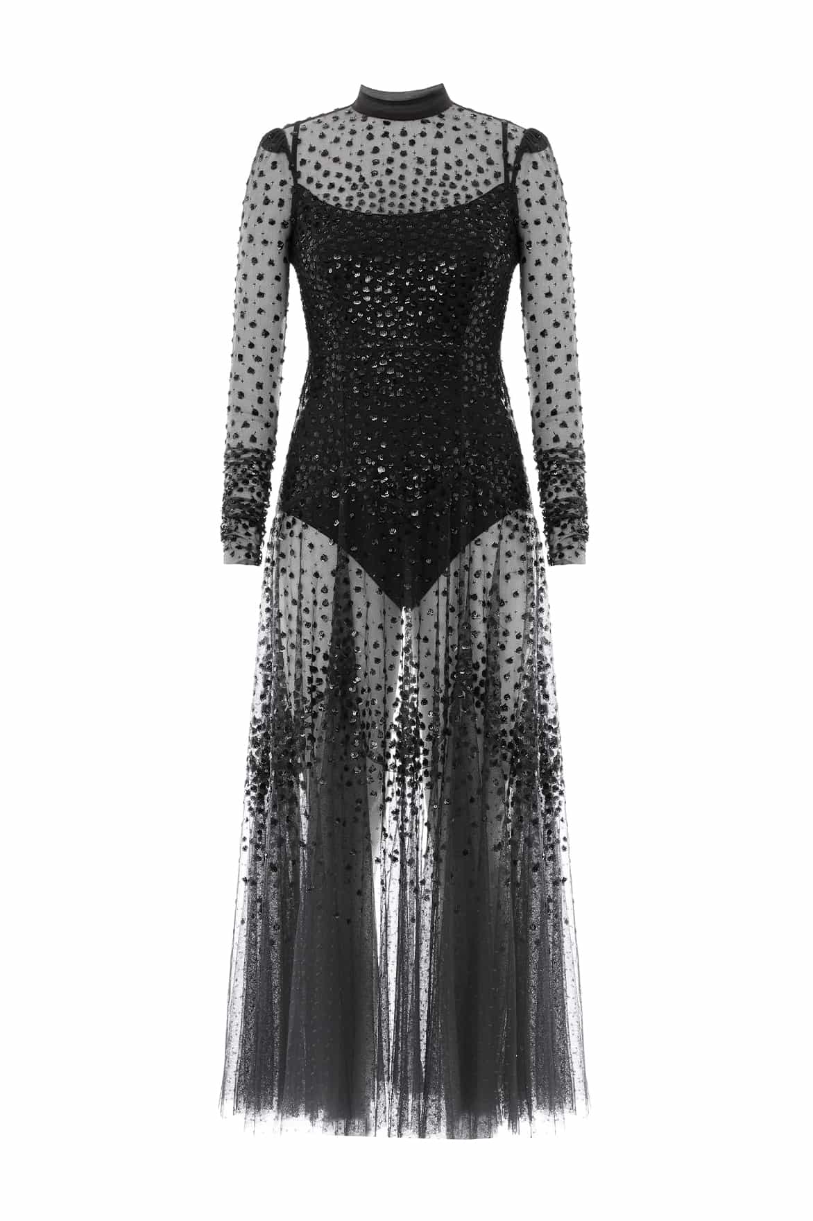 Scallop Sequin Sheer Bow Ankle Gown