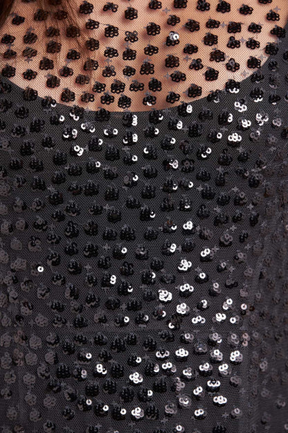 Scallop Sequin Sheer Bow Ankle Gown