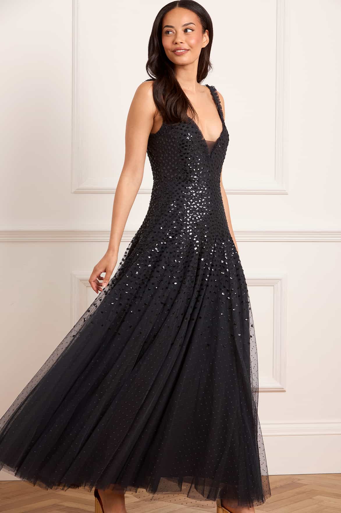 Sequin Cascade Cami Plunge Gown