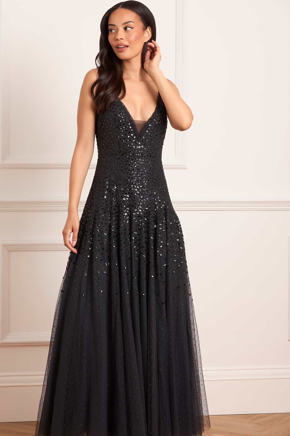 Sequin Cascade Cami Plunge Gown