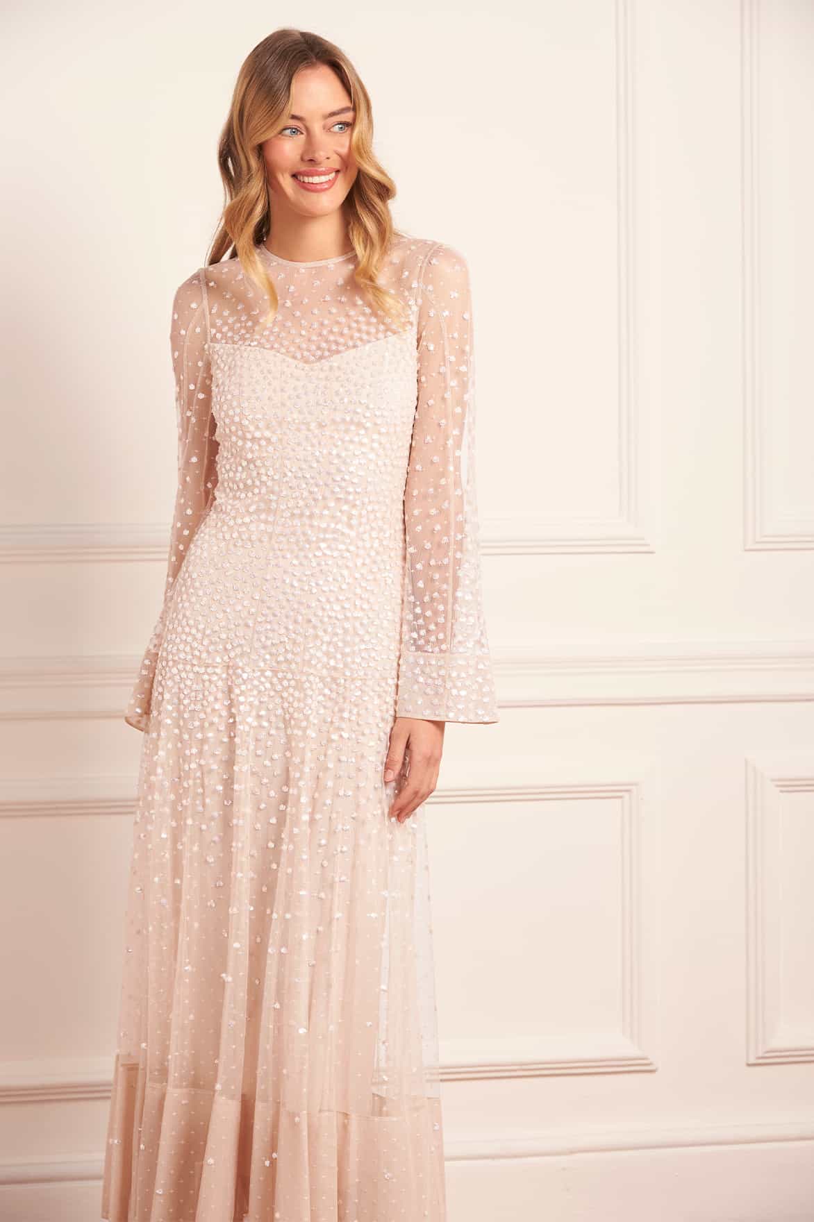 Sequin Cascade Long Sleeve Ankle Gown