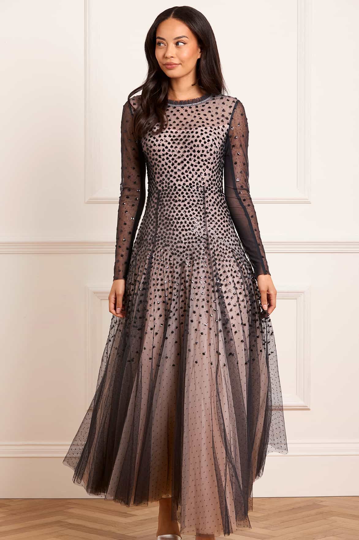 Sequin Cascade Round Neck Gown