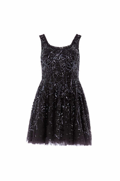 Sequin Ribbon Scoop Neck Micro Mini Dress