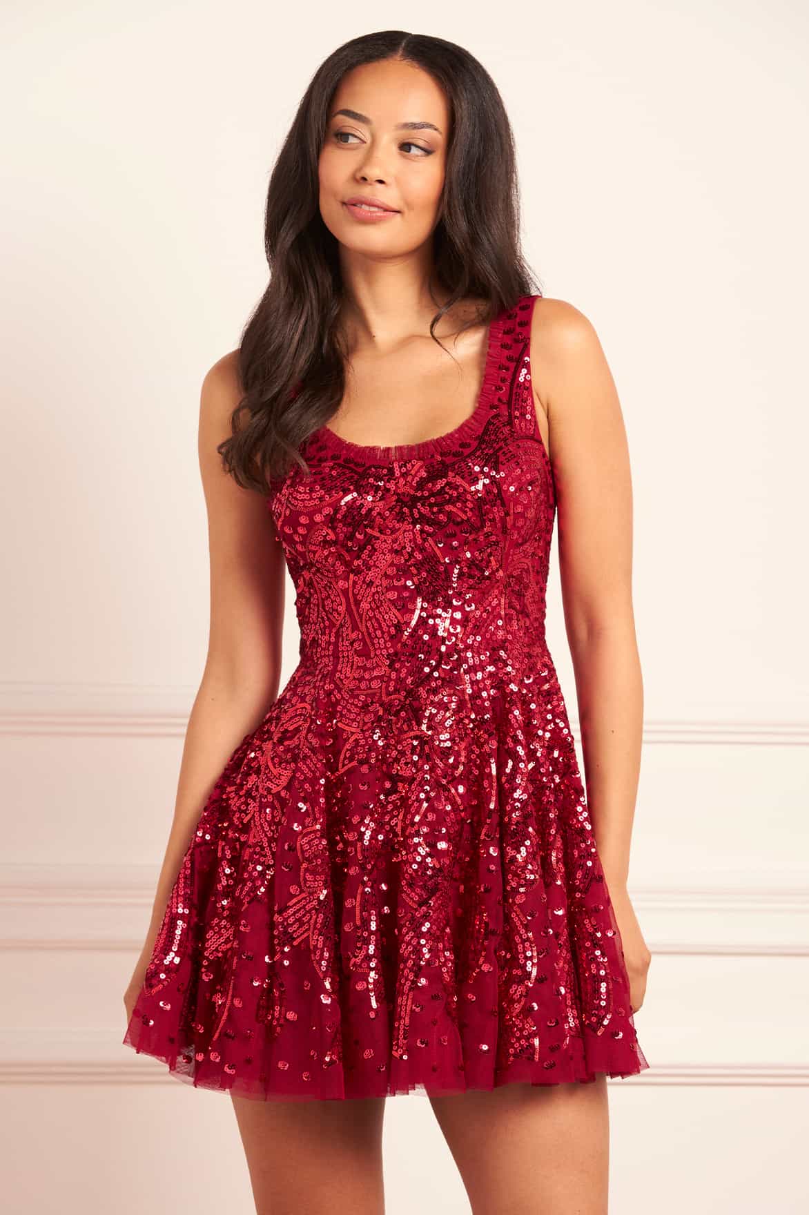 Sequin Ribbon Scoop Neck Micro Mini Dress
