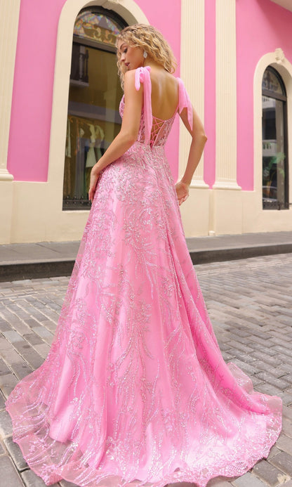 Sequin Long Prom Ball Gown with Shoulder Bows T1336