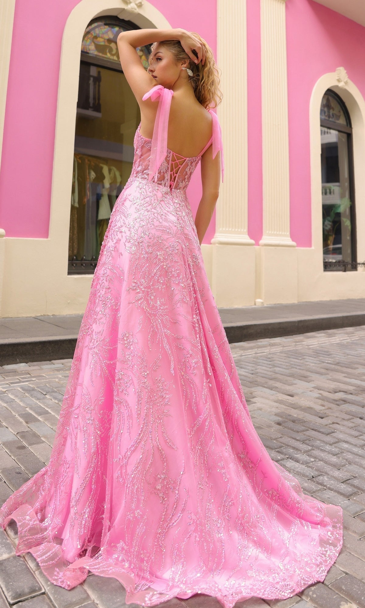 Sequin Long Prom Ball Gown with Shoulder Bows T1336