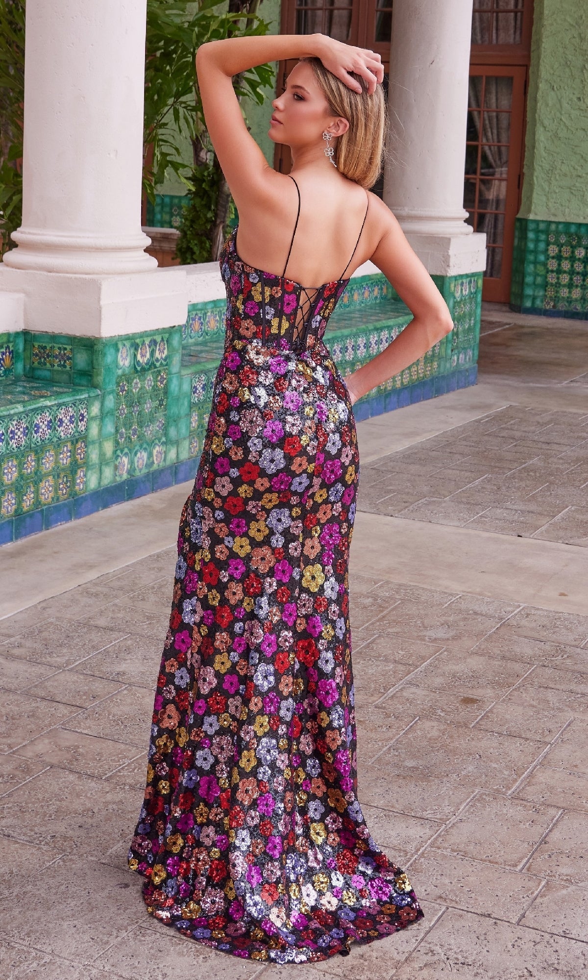 Floral-Sequin Long Prom Dress: Nox Anabel T1511