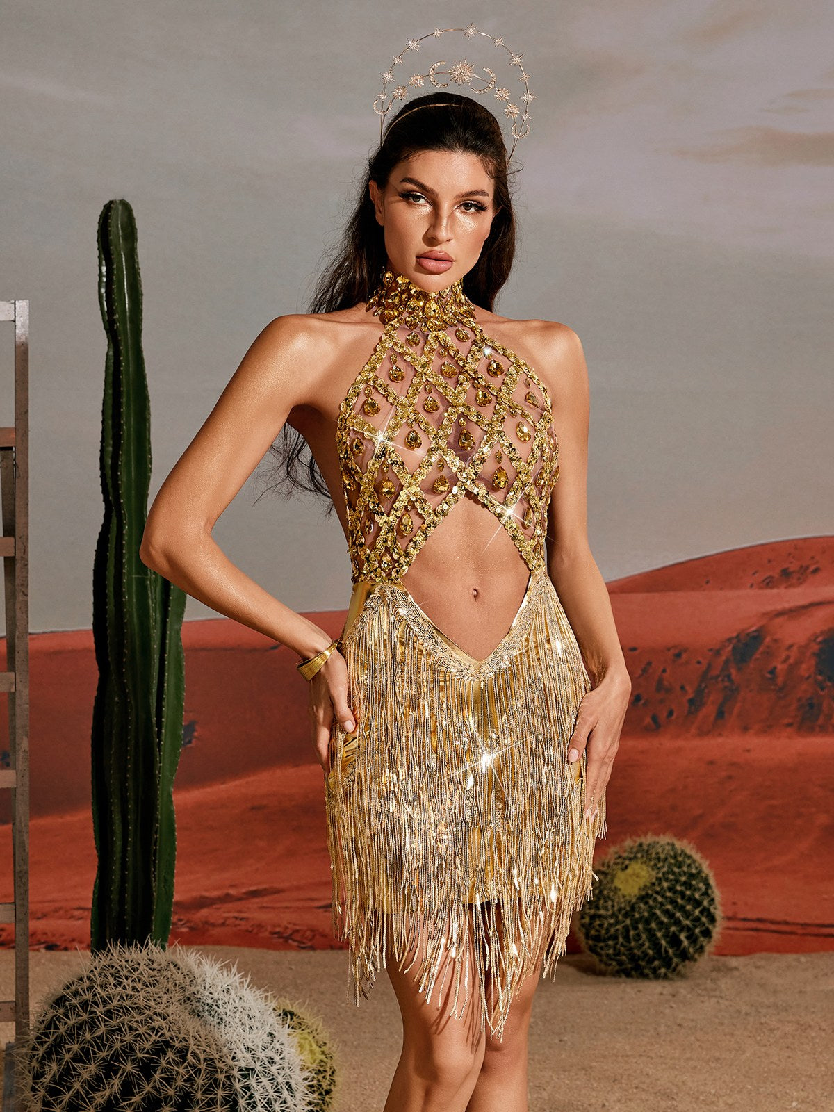 Tobin Sequin Fringe Metallic Dress In Gold