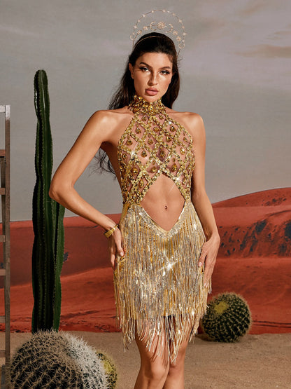 Tobin Sequin Fringe Metallic Dress In Gold