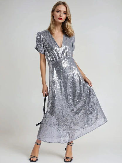 Metallic Fully sequined Naomi Tea Dress with Puff Sleeve