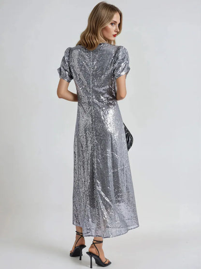 Metallic Fully sequined Naomi Tea Dress with Puff Sleeve