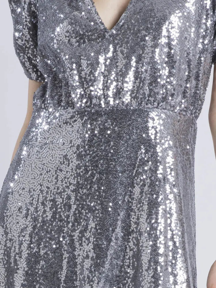 Metallic Fully sequined Naomi Tea Dress with Puff Sleeve