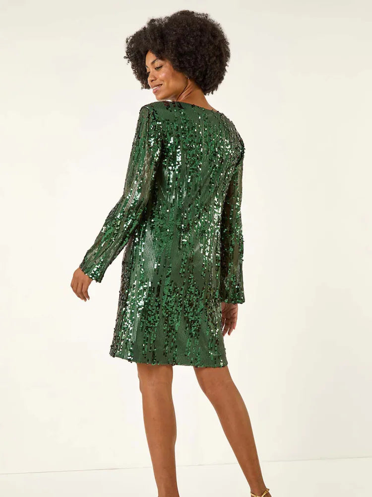 Roman Green Sequin Shift Stretch Dress