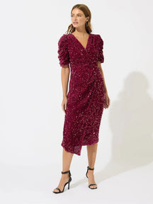 Red Sequin Velvet Wrap Dress