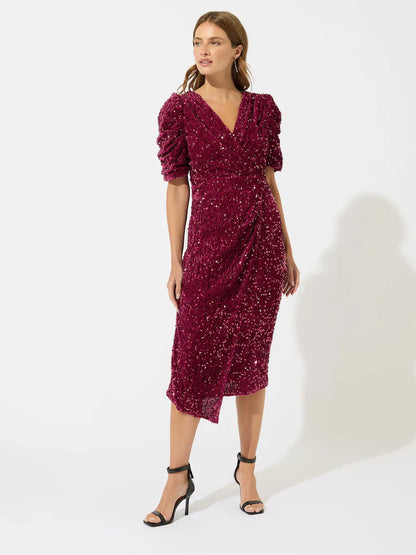 Red Sequin Velvet Wrap Dress