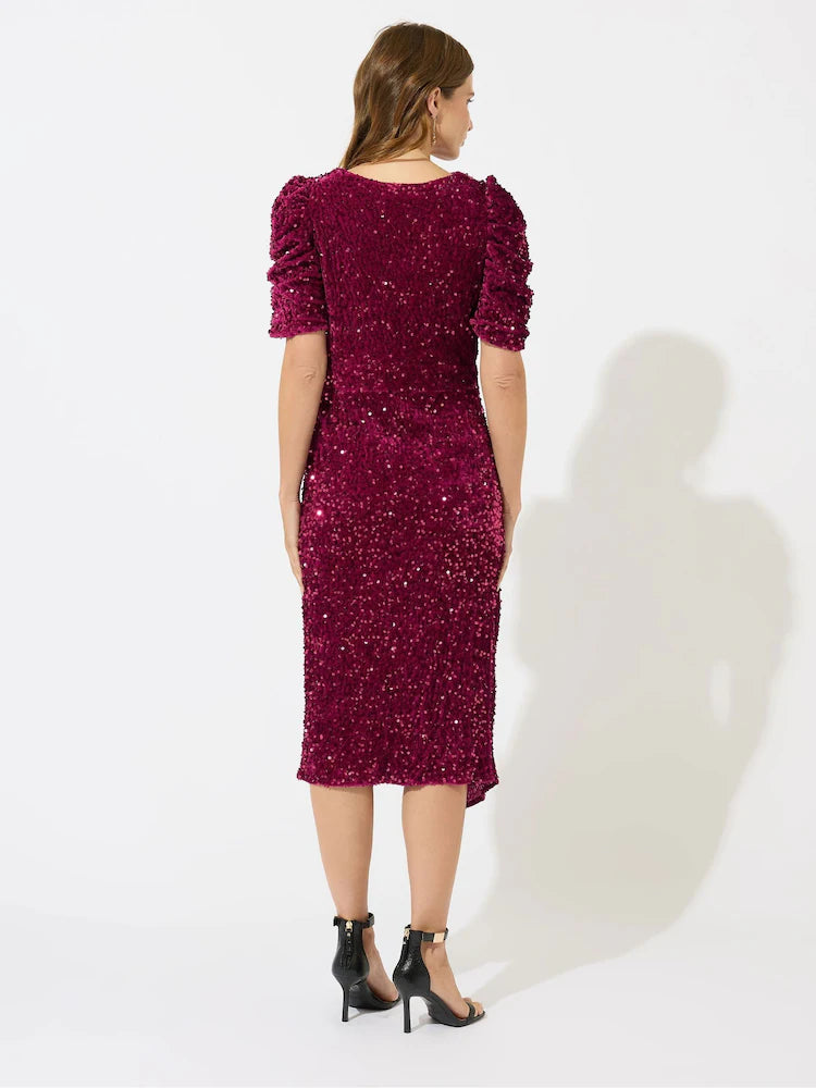 Red Sequin Velvet Wrap Dress