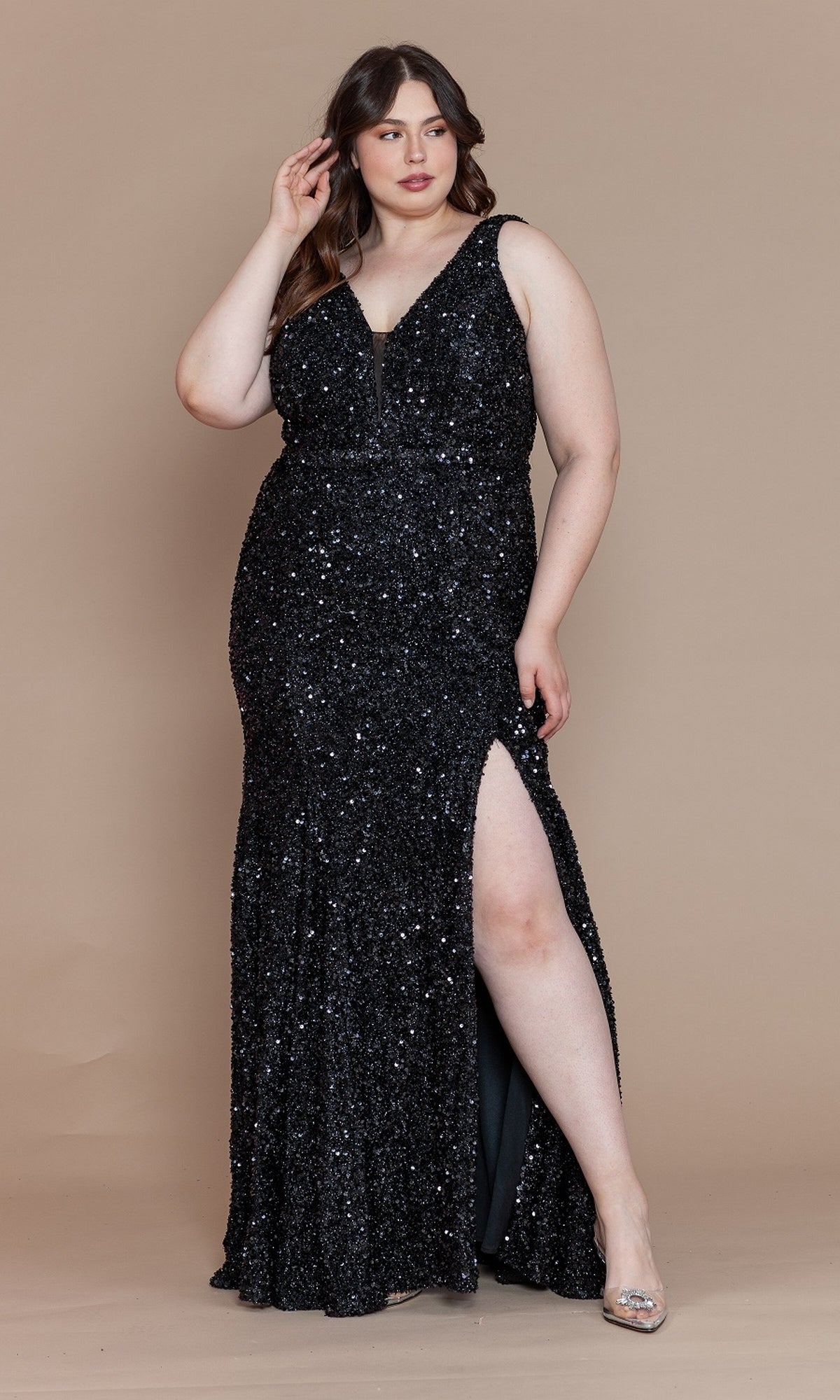Velvet-Sequin Plus-Size Long Prom Dress W1122