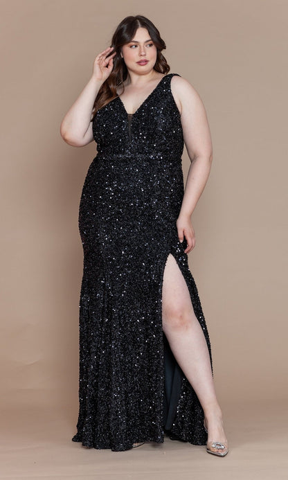 Velvet-Sequin Plus-Size Long Prom Dress W1122