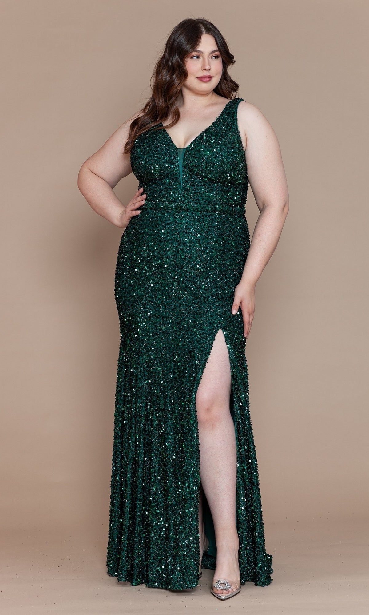 Velvet-Sequin Plus-Size Long Prom Dress W1122