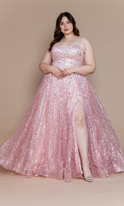 Corset-Back Plus-Size Long Sequin Prom Dress W1142