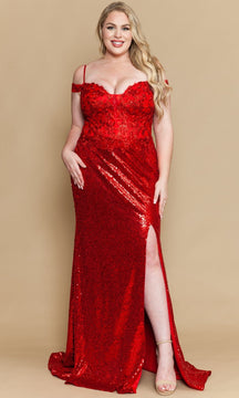 Plus-Size Sequin Prom Dress with Slit: PolyUSA W1186