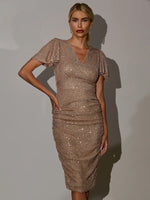 Brown Flare Sleeve Ruched Sequin Dress