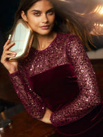 Burgundy Red Velvet Embellished Sequin Long Sleeve Puffball Mini Dress