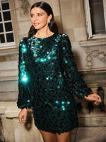 Friends Like These X Lucy Mecklenburgh Green Long Sleeve Disco Sequin Mini Dress With Tie Back