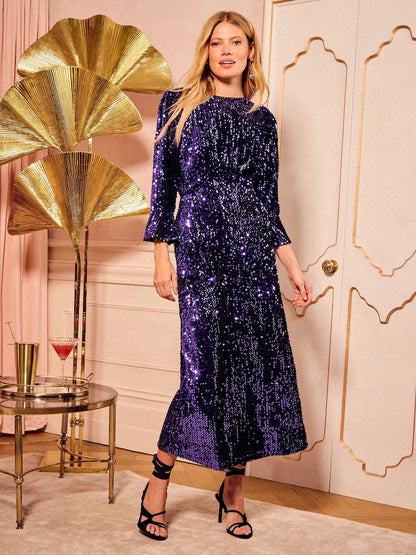 Purple Sequin Flute Sleeve Midi Dress