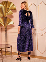 Purple Sequin Flute Sleeve Midi Dress
