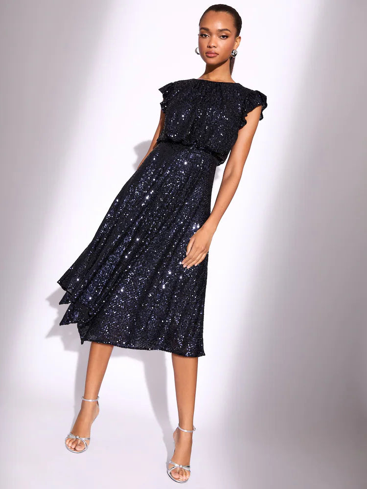 Navy Sequin High Low Fit And Flare Midi Dress