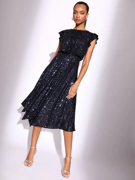 Navy Sequin High Low Fit And Flare Midi Dress