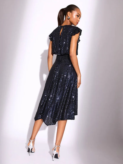Navy Sequin High Low Fit And Flare Midi Dress