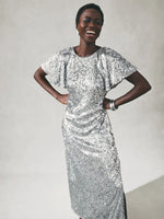 Silver Sequin Lace Trim Flutter Sleeve Midi Dress