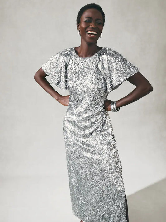 Silver Sequin Lace Trim Flutter Sleeve Midi Dress