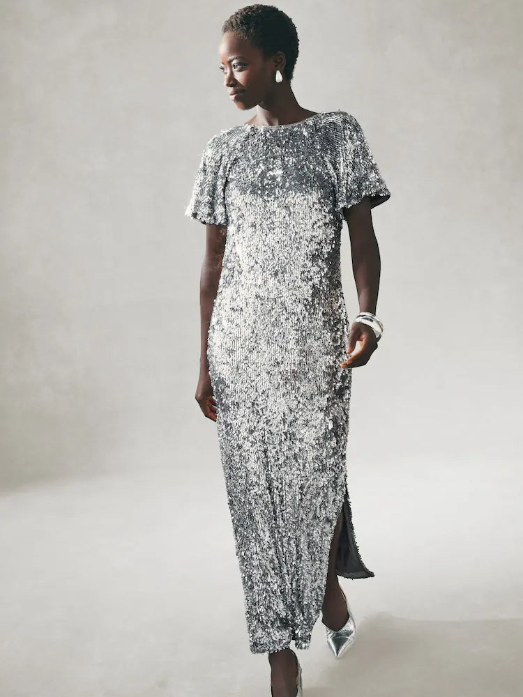 Silver Sequin Lace Trim Flutter Sleeve Midi Dress
