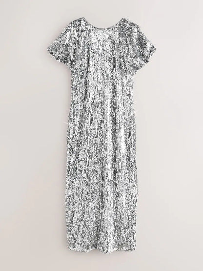 Silver Sequin Lace Trim Flutter Sleeve Midi Dress