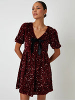 Threadbare Red Sequin Velour Bow Detail Mini Dress