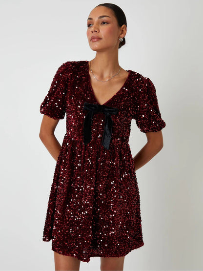 Threadbare Red Sequin Velour Bow Detail Mini Dress