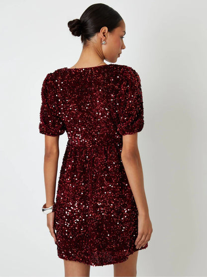 Threadbare Red Sequin Velour Bow Detail Mini Dress