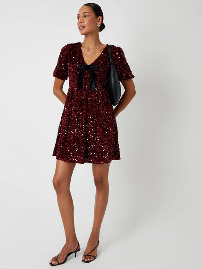 Threadbare Red Sequin Velour Bow Detail Mini Dress