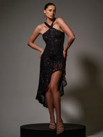 Blue Side Ruffle Cross Neck Sequin Dress