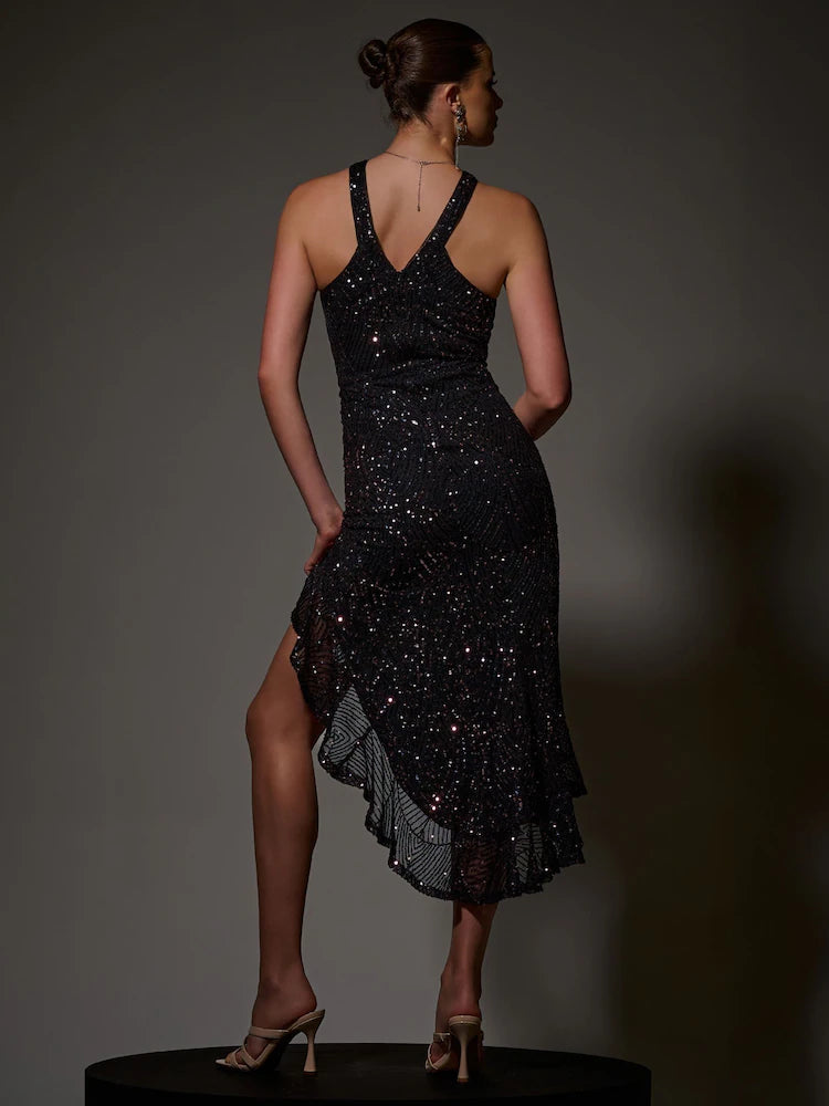 Blue Side Ruffle Cross Neck Sequin Dress