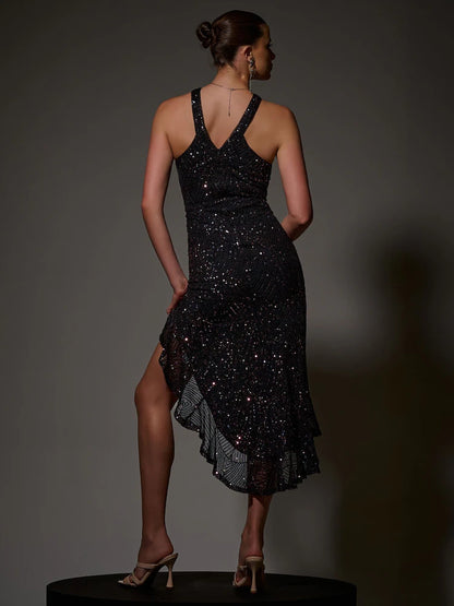 Blue Side Ruffle Cross Neck Sequin Dress