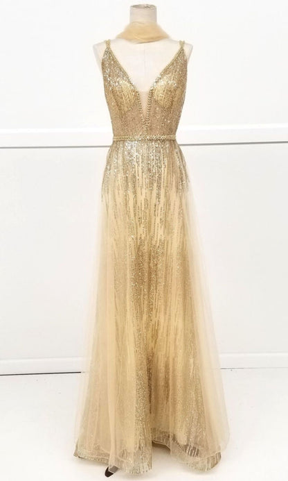 Sheer-Waist Long Sequin Prom Dress: Chicas YG5021