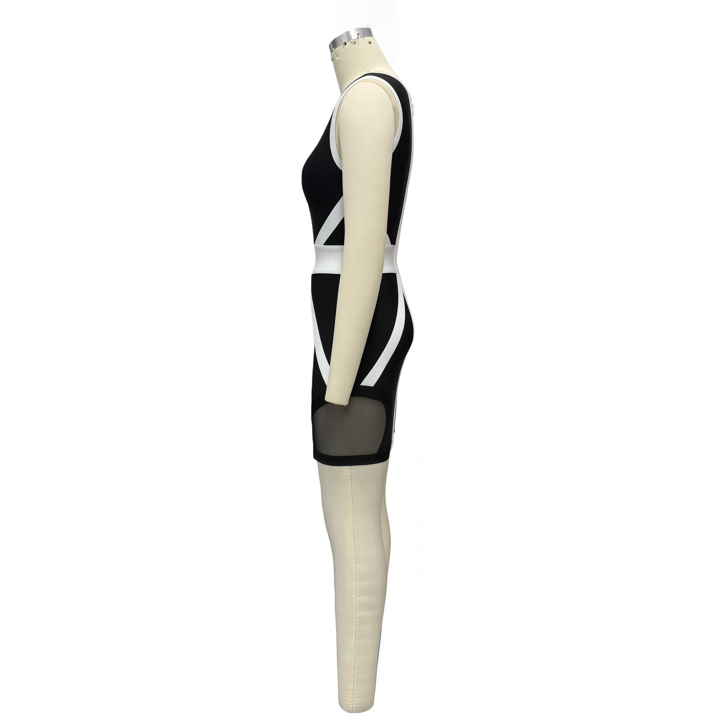 Black and White Color Block Mesh Panel Bandage Dress