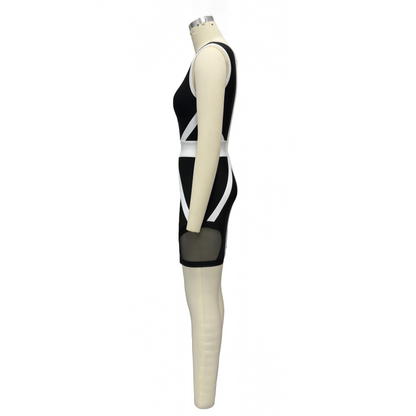 Black and White Color Block Mesh Panel Bandage Dress