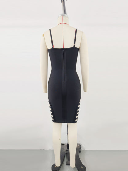 Spaghetti Strap Striped Cutout Bandage Dress