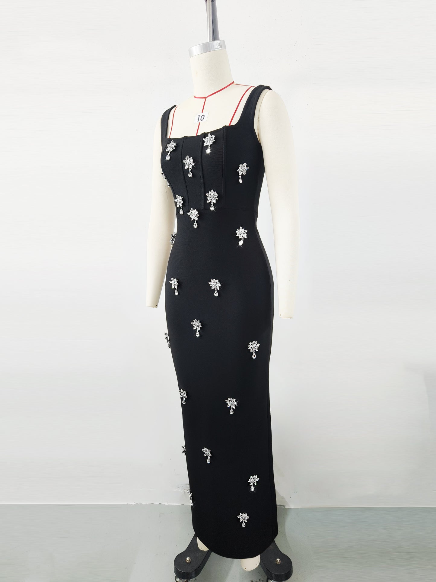 Rhinestone Floral Spaghetti Strap Long Bandage Dress