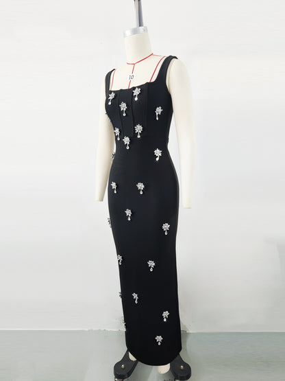 Rhinestone Floral Spaghetti Strap Long Bandage Dress